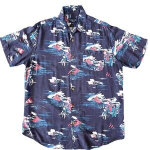 Vistori Men's L Hawaiian Aloha Shirt Hula Girl Island Print Short Sleeve Navy